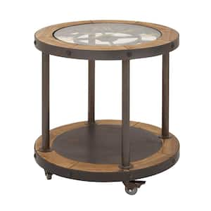 24 in. Brown 1 Shelf Large Round Glass End Accent Table with Clock Top