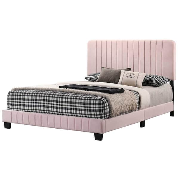 AndMakers Lodi Pink Velvet Upholstered Channel Tufted Queen Panel Bed