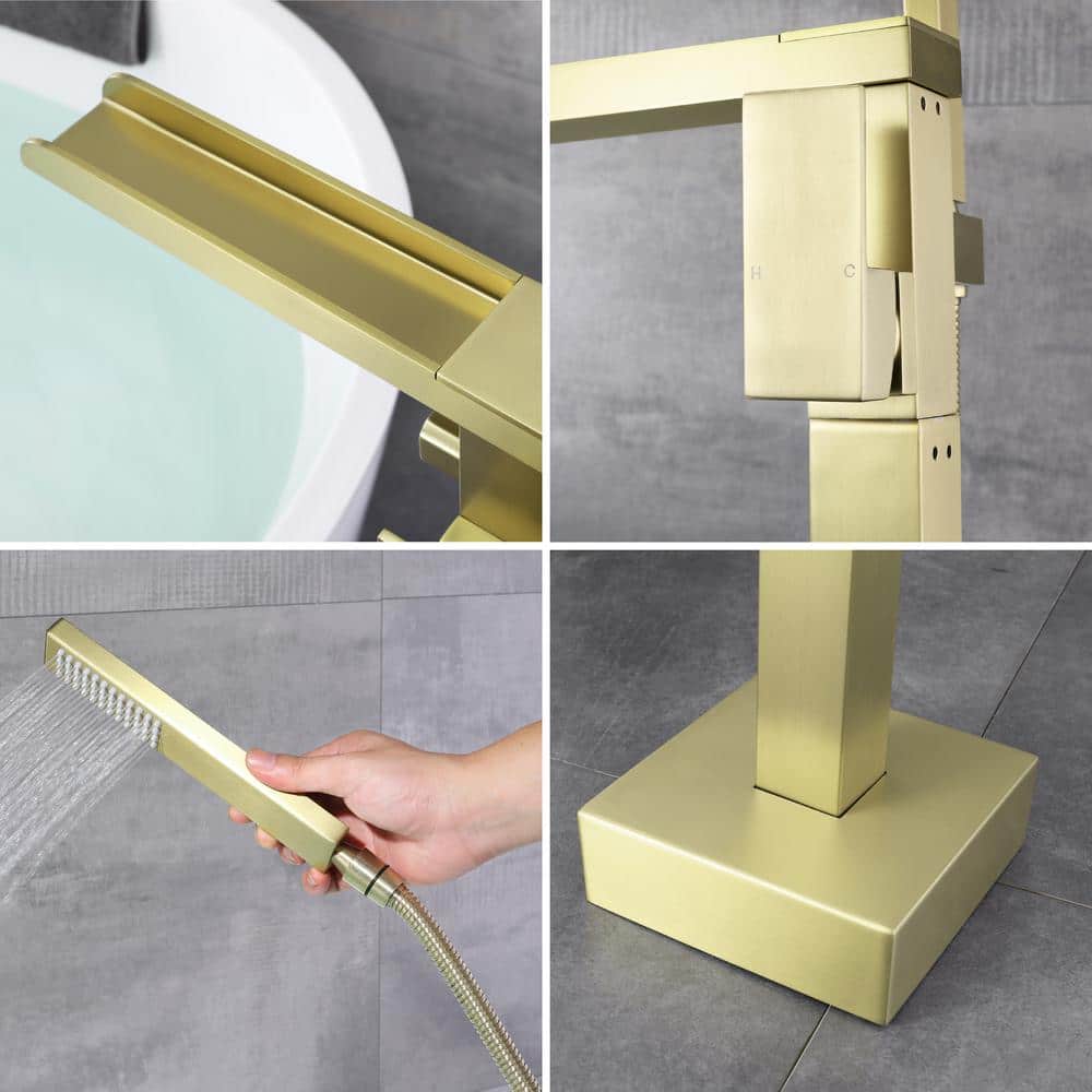 Brushed Gold Freestanding Tub Faucet with Handheld Shower