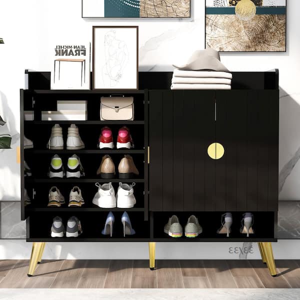 Harper & Bright Designs 39.4 in. H x 47.2 in. W Black PVC Surface Shoe Storage Cabinet with Adjustable Shelves