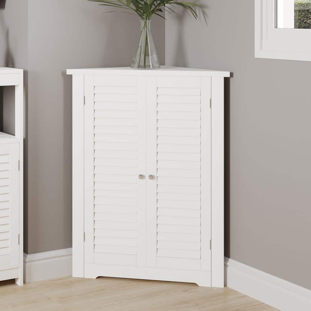 White Corner Cabinet with Adjustable Shelves and Shutter Doors