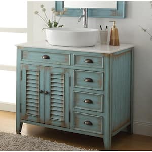 Abbeville 36 in. W x 21.5 in D. x 32 in. H White Marble Vanity Top in Distressed Blue with White Vessel Sink Vanity