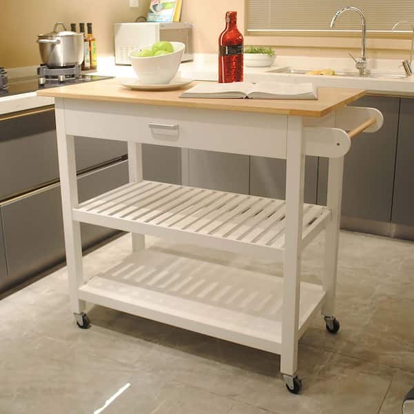 40 In Natural And White Wooden Kitchen Island With 1 Big Drawer 2 Shelves Handles 4 Wheels Lnn K110502662 Natural And White Wooden Kitchen Island, Tall Kitchen Island On Wheels