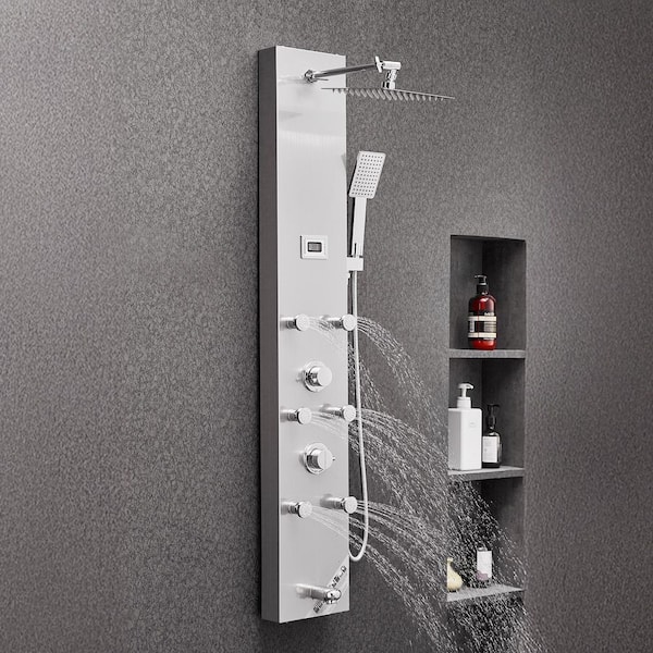 Shower Panel Tower System, Rainfall Shower Head, LED, 49 in. Brushed Stainless Steel Shower Column, 4-Function Faucet