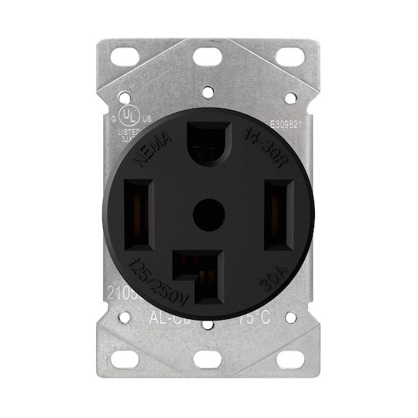 30 Amp 125/250V, NEMA 14-30R Flush Mount Power Outlet, Single Straight Blade Range and Dryer Outlet Grounding, Black