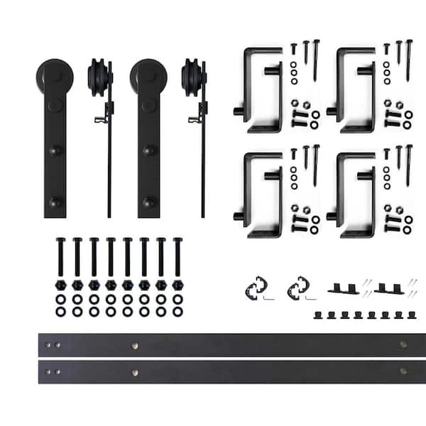 HOMACER 5.5 ft./66 in. Black Rustic Double Track Bypass U-Shape Sliding Barn Door Hardware Kit - Straight Design Roller