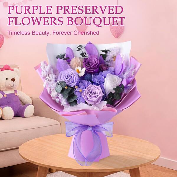 Dracelo 12.59 in. Purple Artificial Preserved Rose Bouquet