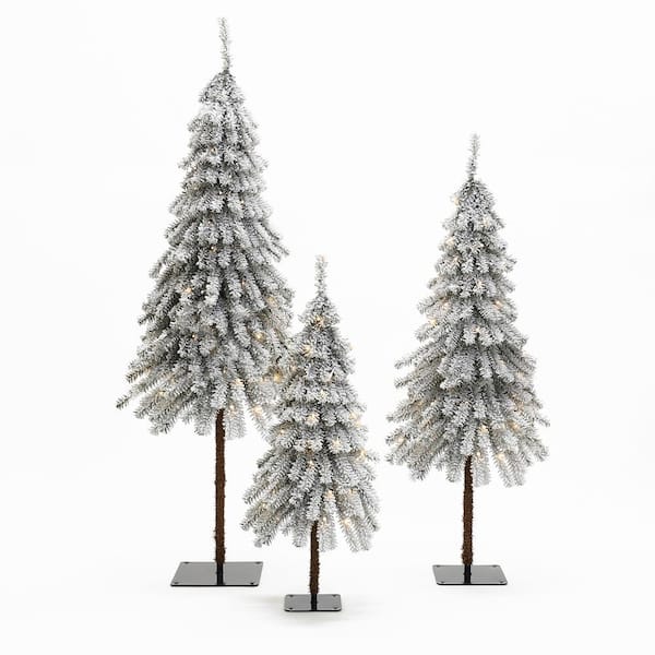 LuxenHome 60 in. H 3-Piece Snow-Flocked Sweeping Branches Artificial Christmas Tree Set with Battery Operated Lights