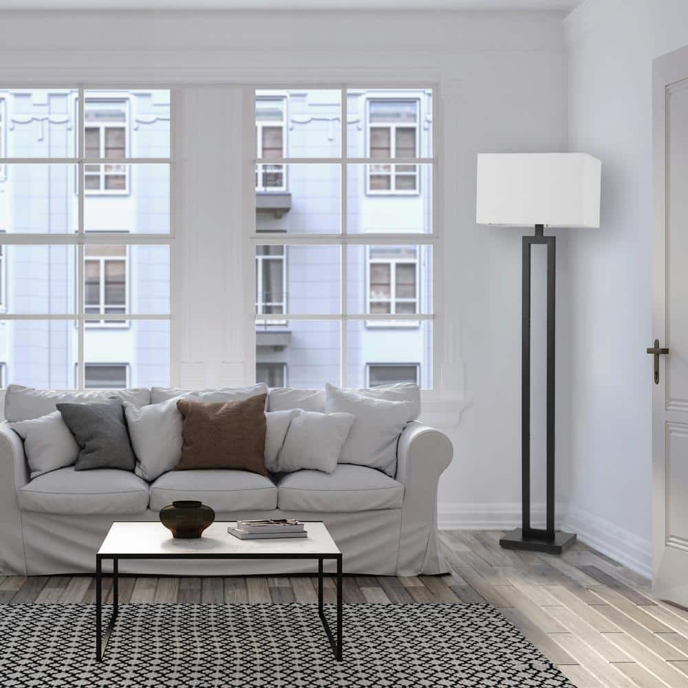 Matte Black Modern Energy Star 58" Floor Lamp with White Linen Shade
