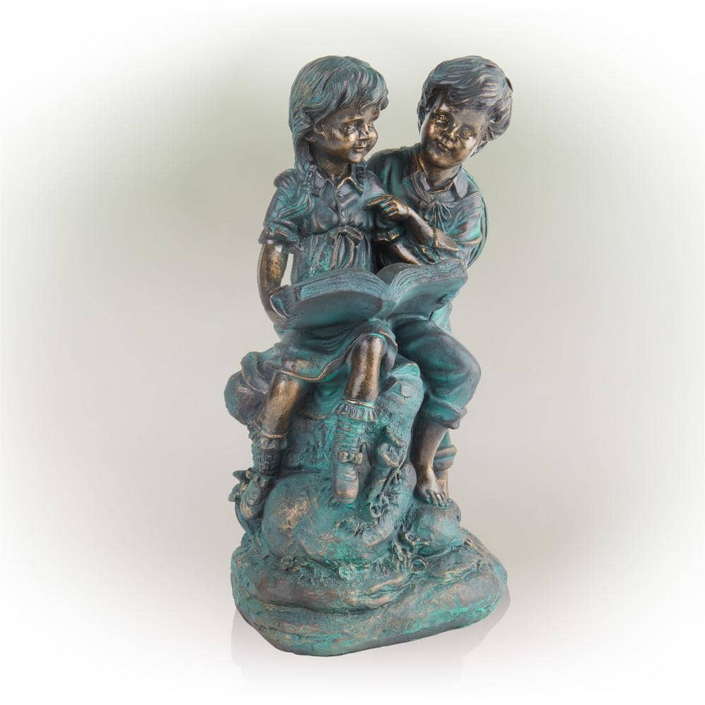 Antique Bronze Boy and Girl Reading Garden Statue