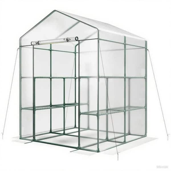 4.6 x 4.8 x 6.4 ft. Walk-In Greenhouse, PE-Coated Steel Frame, 4-Tier Shelves, Roll-Up Door