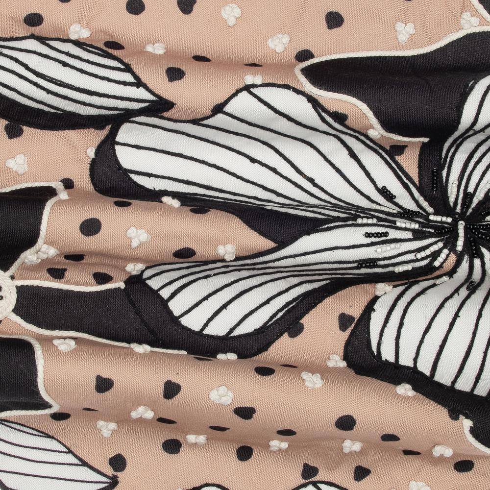 20" Beige and Black Embroidered Floral Polyester Throw Pillow