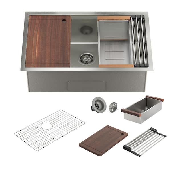 Boyel Living 32 in. Undermount Single Bowl 18-Gauge Stainless Steel Kitchen Sink with Cutting Board, Rolling Drying Rack, Drain, etc