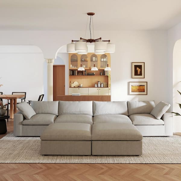 Party Oversized 157 in. Square Arm Linen Down Filled 8-Piece Modular Tuxedo Sofa in Gray with Ottomans, Detachable Cover