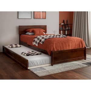 Wesley Walnut Brown Solid Wood Frame Twin XL Platform Bed with Panel Footboard and Twin XL Trundle
