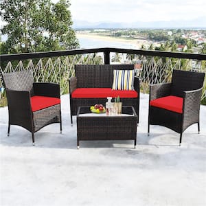 4-Pieces Rattan Patio Furniture Set with Red Cushions