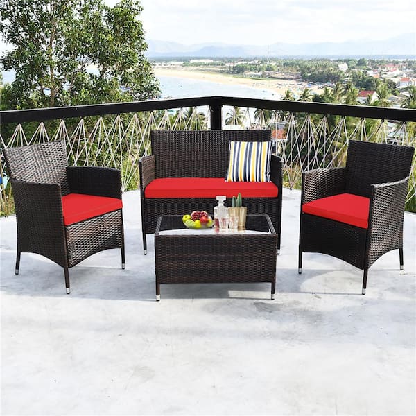 4-Pieces Rattan Patio Furniture Set with Red Cushions