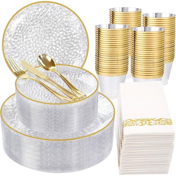 350-Piece Clear and Gold Hammered Disposable Dinnerware Set with Plates, Silverware, Cups and Napkins
