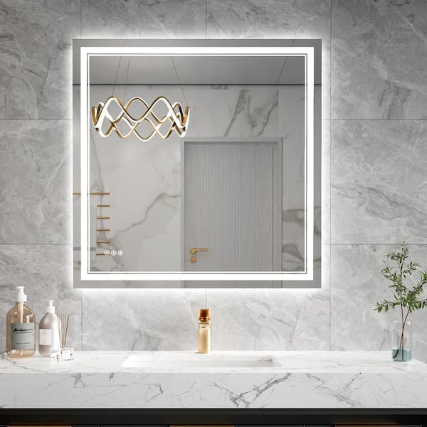 AZDHOME 36 in. W. x 36 in. H Rectangular Frameless LED Anti-Fog Wall Bathroom Vanity Mirror in Silver, Defogging, Dimming