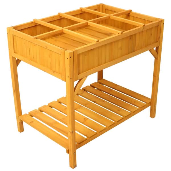 Zeus & Ruta 36 in. Brown Wood Raised Garden Bed with Legs, Elevated Planter Box with 8 Grids Divider Protective Liner