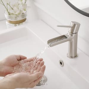 Waterfall Single Handle Single Hole Modern Bathroom Faucet Bathroom Drip-Free Vanity RV Sink Faucet in Brushed Nickel
