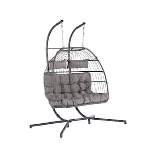 2-Person Hanging Egg Swing Chair Wicker Patio, Double Hammock Chair with Cushion and Stand in Light Gray