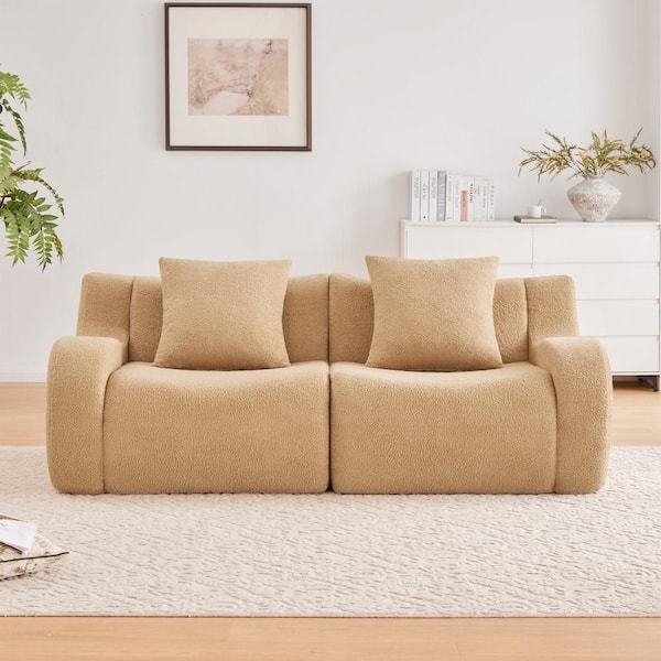 82.7 in. Wide Slope Arm Teddy Fabric Mid-Century Modern Rectangle Reclining Sofa in Camel
