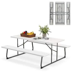 72 in. White Rectangle Metal Picnic Tables Seats 8 with Umbrella Hole