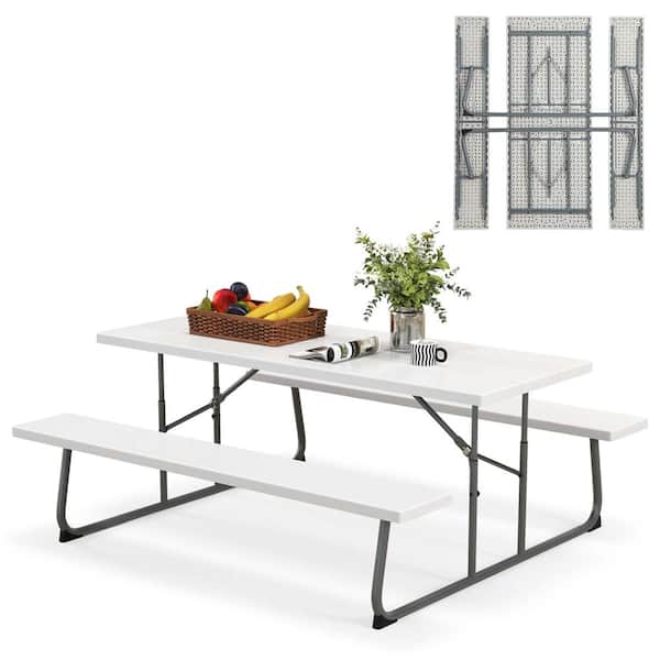 Costway 72 in. White Rectangle Metal Picnic Tables Seats 8 with Umbrella Hole