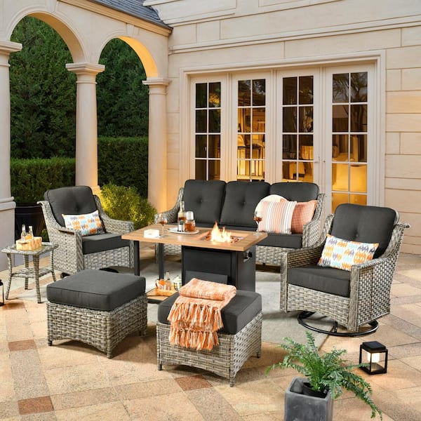 HOOOWOOO Denver 7-Piece Wicker Outdoor Patio Conversation Sofa Set with Swivel Chairs, a Storage Fire Pit and Black Cushions
