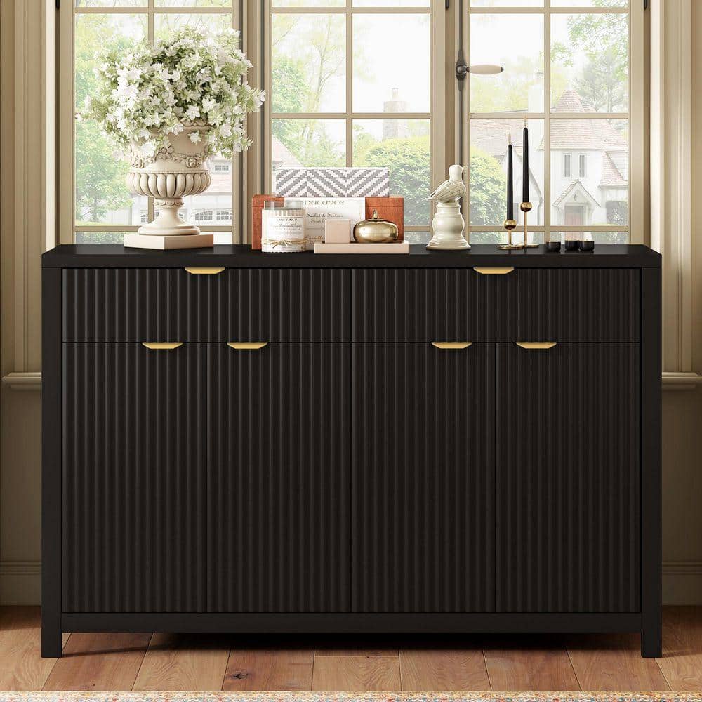 Black Wood 55 in. Wave-Pattern Buffet Sideboard Cabinet with 2