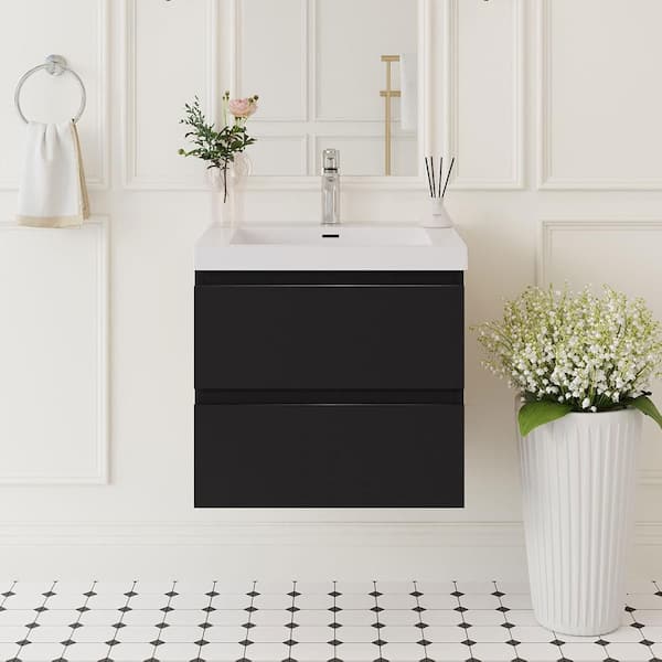 24 in. Single Sink Floating Glossy Black Bath Vanity with White Resin Top Assembled