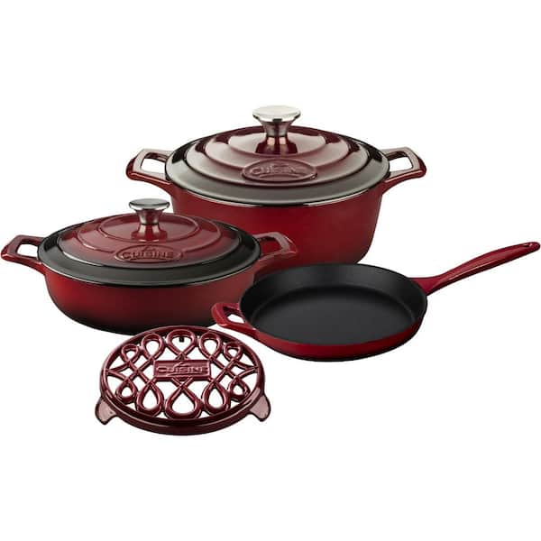 La Cuisine 6-Piece Enameled Cast Iron Cookware Set with Saute, Skillet and Round Casserole with Trivet in Ruby