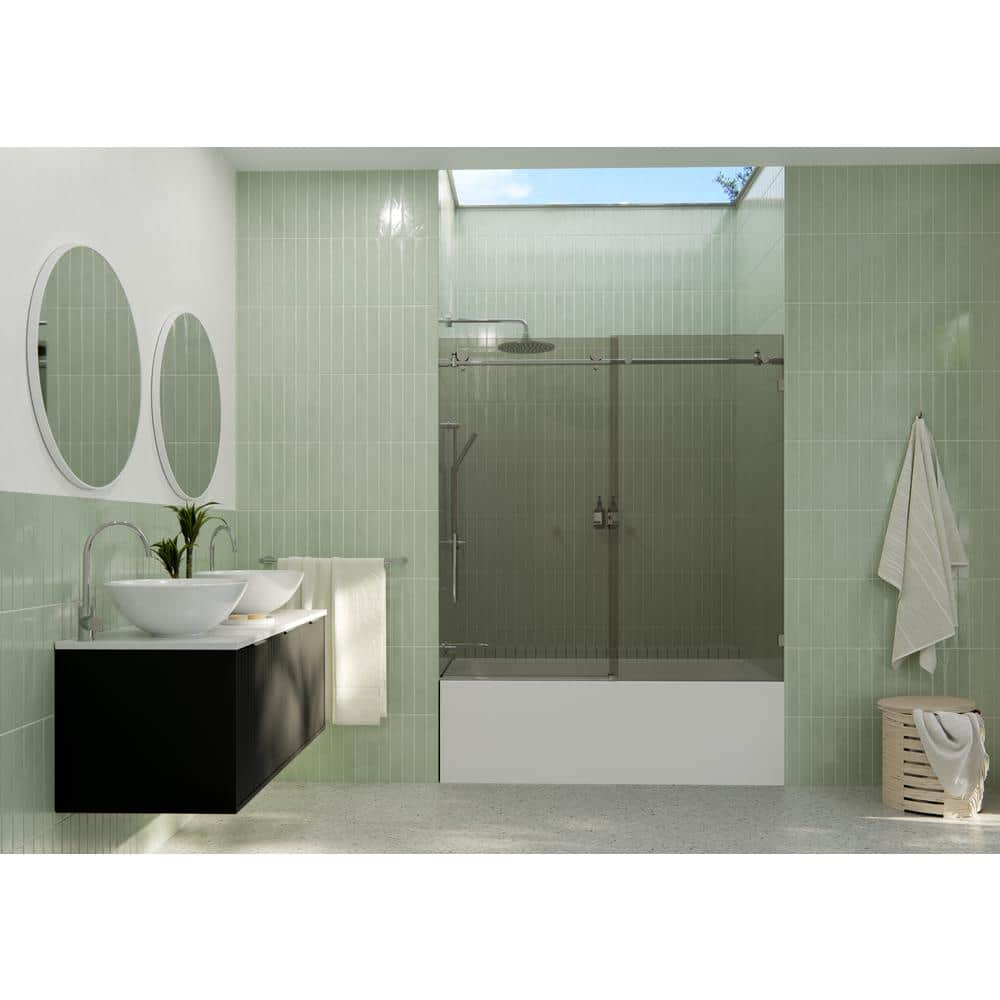 Equinox Frameless Gray Tinted Sliding Bathtub Door with Chrome Finish