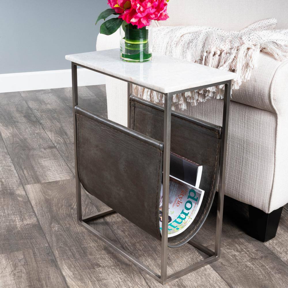 Koler 18 in. W Rectangular Off White Marble, Leather & Metal Magazine End Table