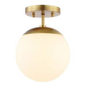 Marcel Bistro 7.75 in. 1-Light Brass Gold Bohemian Farmhouse Iron/Frosted Glass LED Semi Flush Mount, White