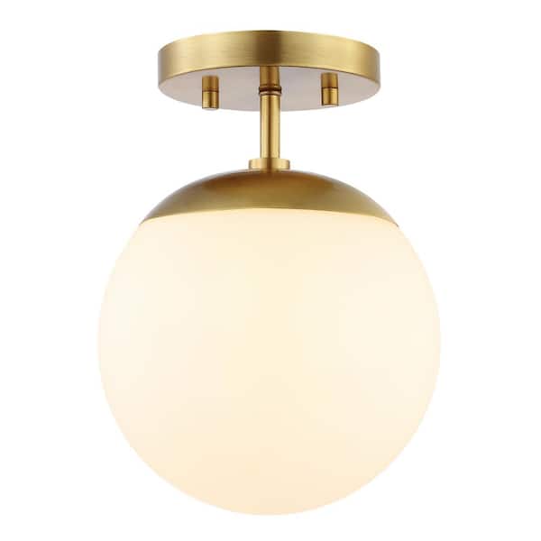 Marcel Bistro 7.75 in. 1-Light Brass Gold Bohemian Farmhouse Iron/Frosted Glass LED Semi Flush Mount, White