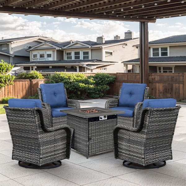 Gray 5-Piece Wicker Patio Fire Pit Set, Outdoor 4-Person Seating Set with Olefin Navy Blue Cushions and Swivel Rockers
