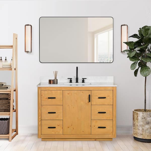 Altair Perla 48 in. W x 22 in. D x 34 in. H Single Bath Vanity in Natural Wood with Grain White Composite Stone Top and Mirror