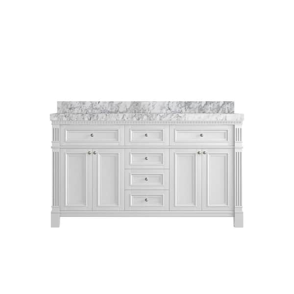 Willow Collections Paris 60 in. W x 22 in. D x 36 in. H Double Sink Bath Vanity in White with 2 in. Carrara Marble Top