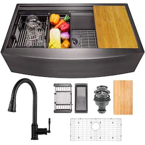 All-in-One Matte Black Finished Stainless Steel 33 in. x 22 in. Farmhouse Apron Mount Kitchen Sink with Pull-down Faucet