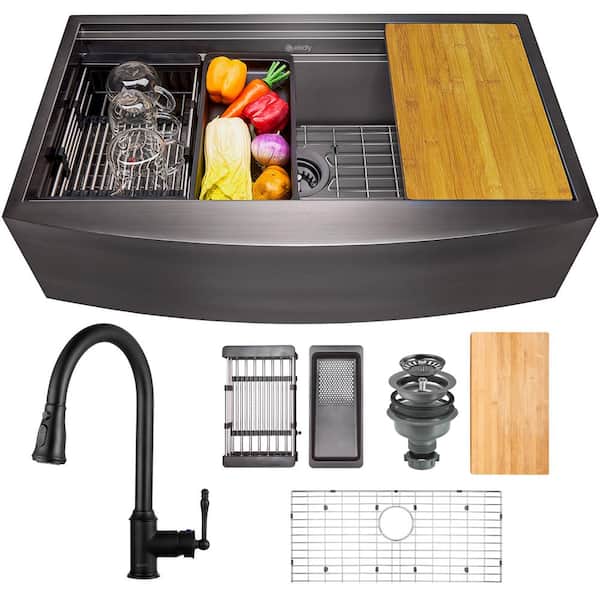 AKDY All-in-One Matte Black Finished Stainless Steel 33 in. x 22 in. Farmhouse Apron Mount Kitchen Sink with Pull-down Faucet