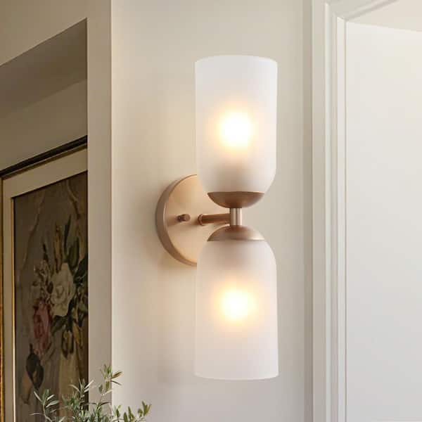 Elysian 4.7 in. 2-Light Satin Gold Modern Up/Down Wall Sconce with Frosted Glass Shade for Bathroom, Bedroom and Hallway