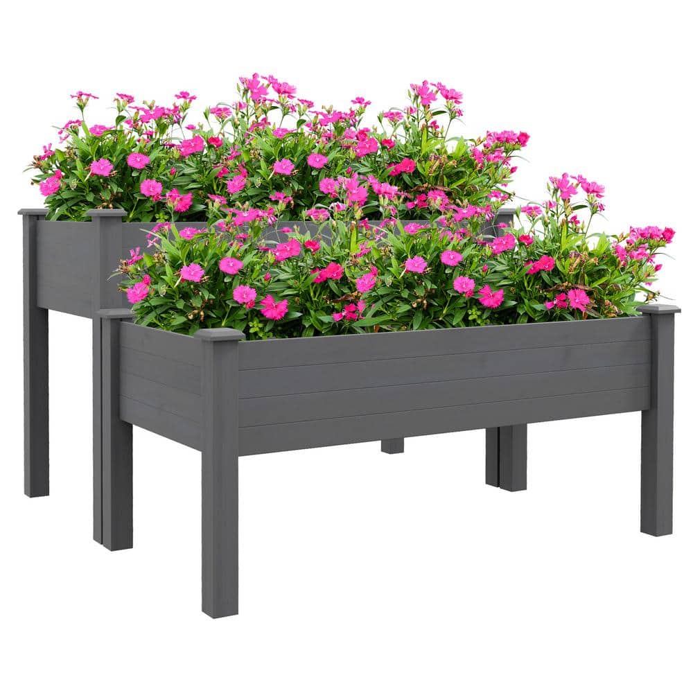 Gray Fir Wood 2-Tier Raised Garden Bed Planter
