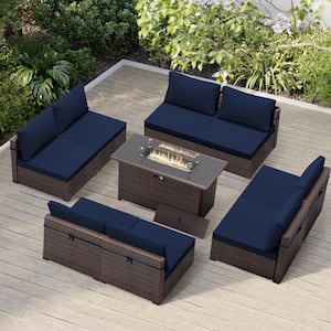 8-Person Wicker Patio Conversation Seating Set with Fire Pit Table in Navy Blue