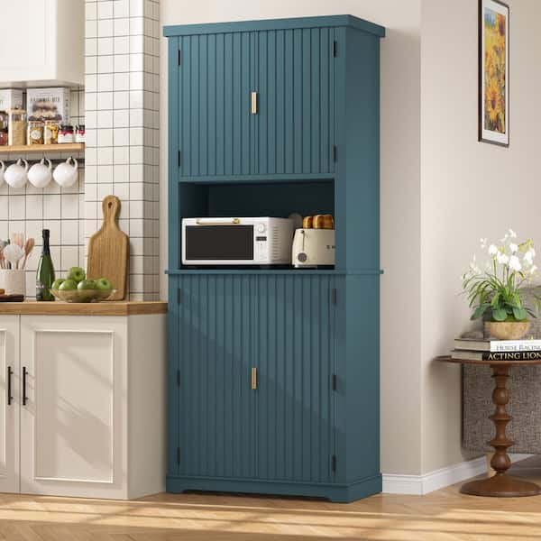 30.7 in. W Blue MDF Kitchen Buffet Pantry Storage Cabinet with Adjustable Shelf and Microwave Stand