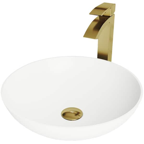 VIGO Matte Stone Lotus Composite Round Vessel Bathroom Sink in White with Duris Faucet and Pop-Up Drain in Matte Gold