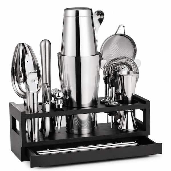 25-Piece Silver Stainless Steel Bartender Kit with Bamboo Drawer Stand and Boston Shaker Set