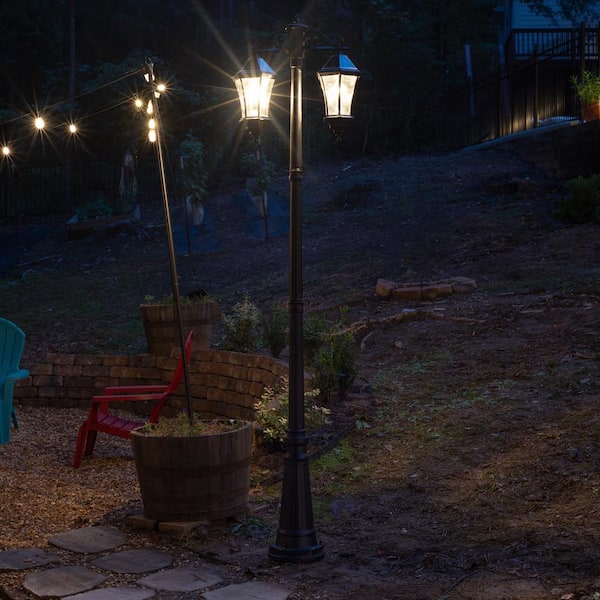 Victorian Morph 2-Light Black Outdoor Solar Lamp Post Light Warm White LED Bulb with Waterproof Aluminum Pole
