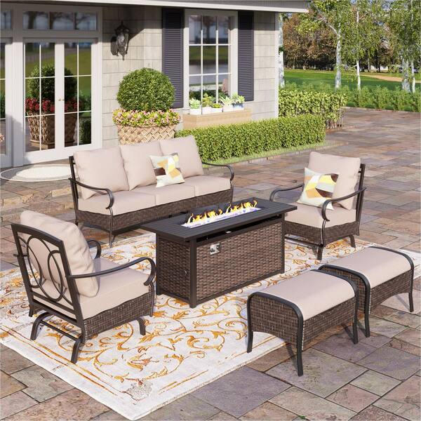 PHI VILLA Metal Frame Dark Brown Rattan 6Piece Steel Outdoor Fire Pit